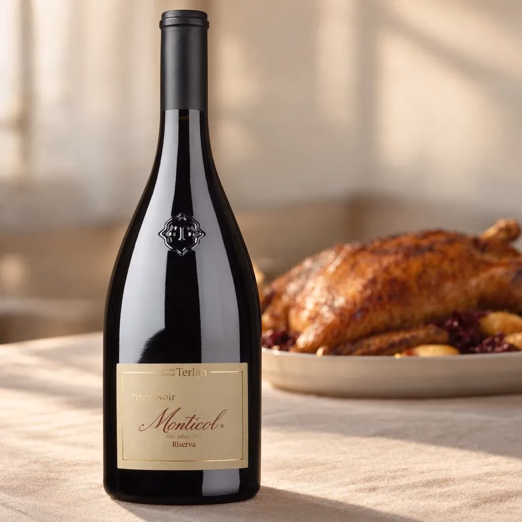 Flasche Terlan Monticol Pinot Noir Riserva 2022 mit Glas – Wein zu Gänsebraten